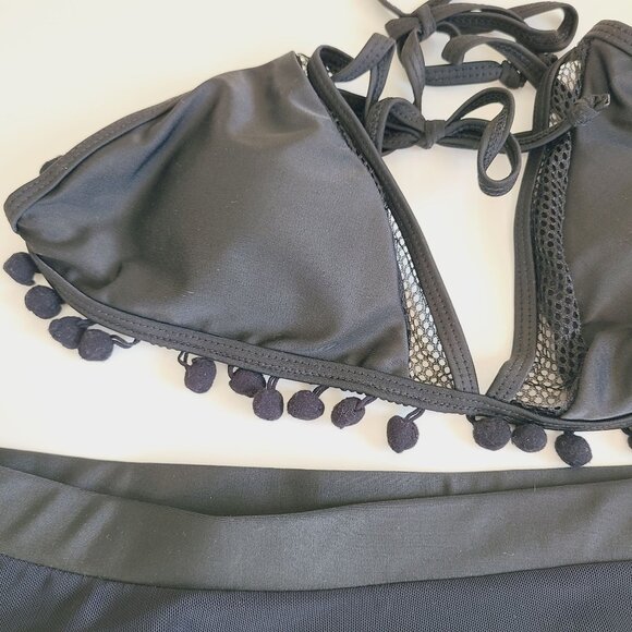 Women's Swimwear Black Bikini Set With Pom Pom Trim & Mesh Detail Size XL - Picture 3 of 10